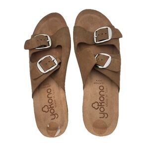 New Yokono Strappy Mid Wedge Sandals Brown Suede Leather Cork Heel Sz 9‎ Spain